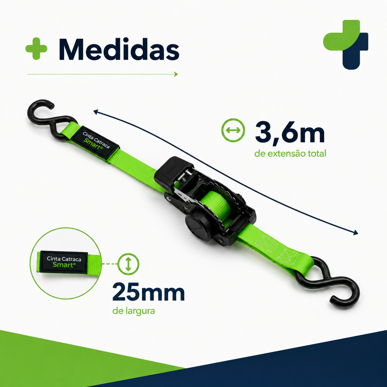 Medidas da cinta: 3,6 metros de extensão total e 25mm de largura