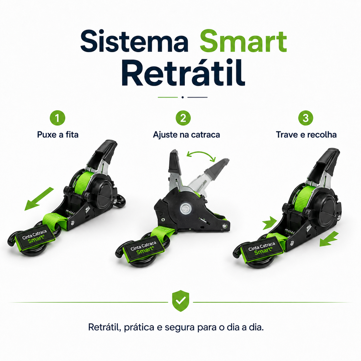Sistema Smart Retrátil em três passos: puxe a fita, ajuste na catraca, trave e recolha